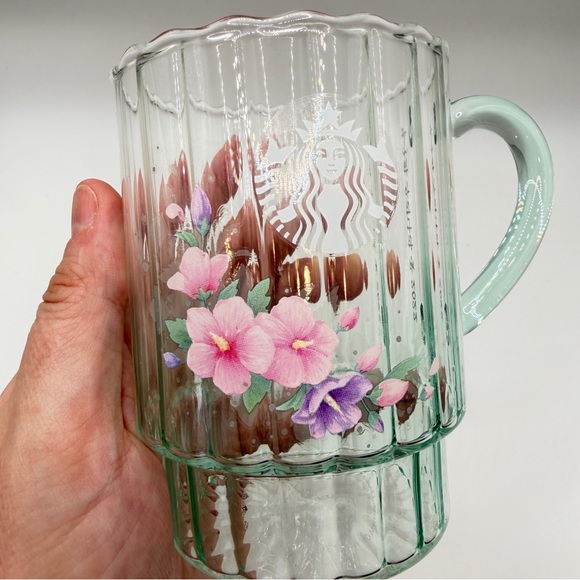 New Starbucks Korea Hibiscus Flower Mint Green Glass Coffee Mug Rose Of Sharon - Picture 10 of 11